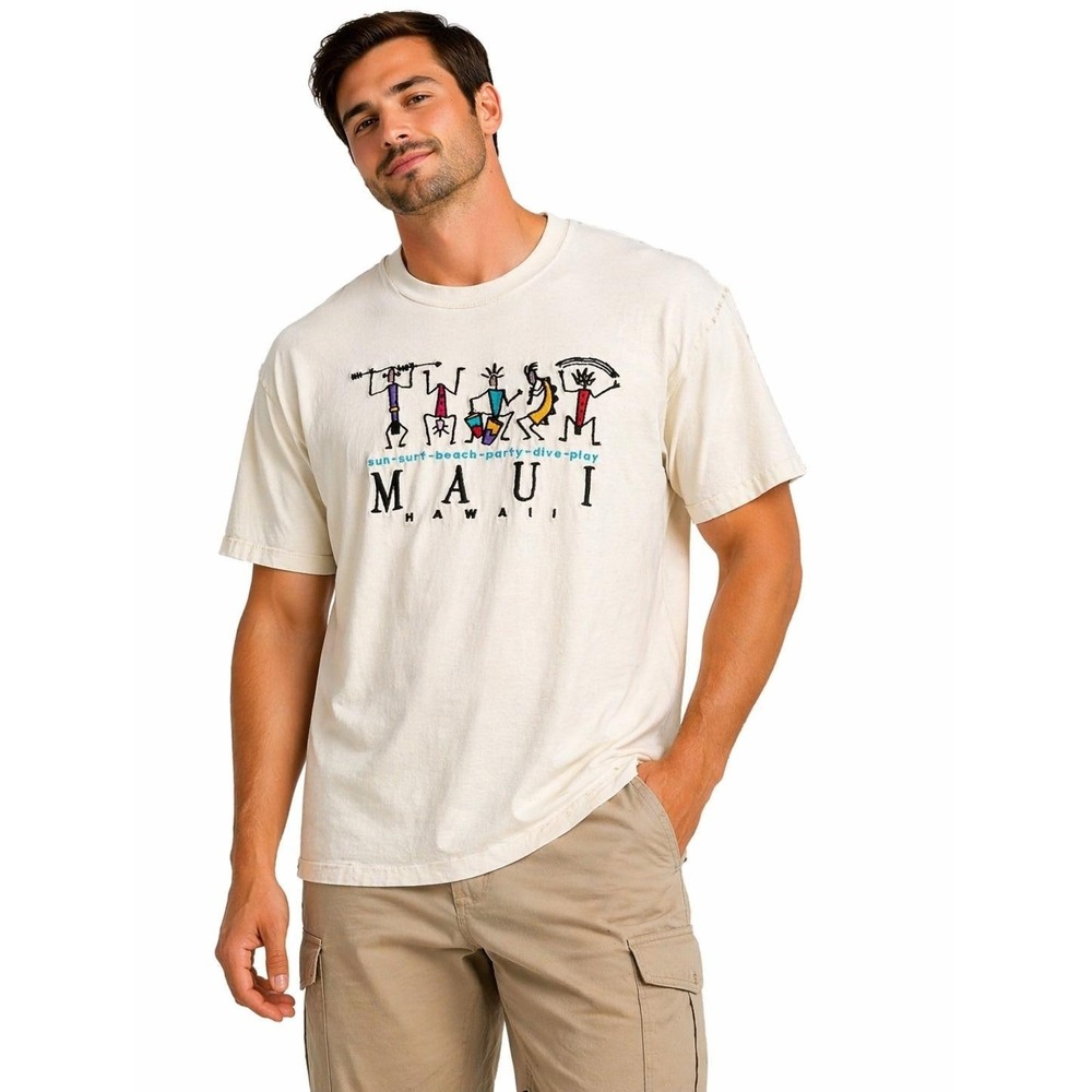 Bumwraps Maui Hawaii Graphic T-Shirt Mens XL Cream Heavyweight Cotton‎ VTG